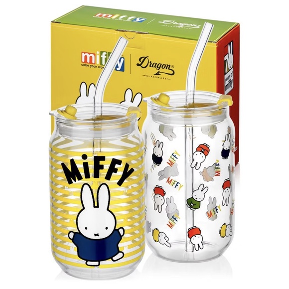 Lot 2pc New Dragon Glassware Miffy 16 oz Iconic Drinking Tumbler Glasses Straw - Picture 1 of 8